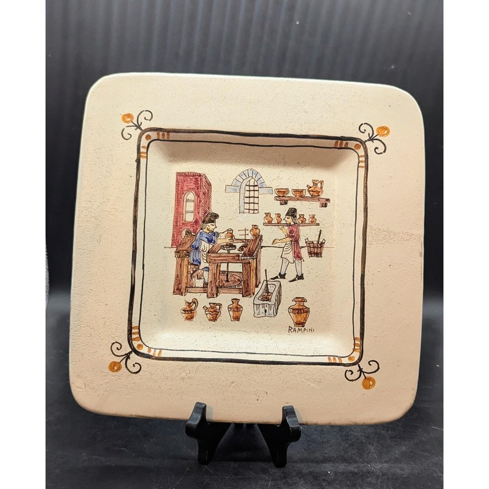 Vintage Rampini Ceramics Italian Pottery Square Wall Plate 10.5" Signed Potter